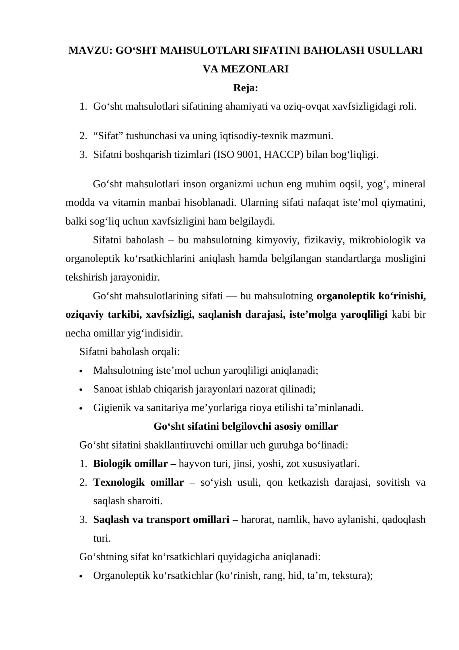GO‘SHT MAHSULOTLARI SIFATINI BAHOLASH USULLARI VA MEZONLARI