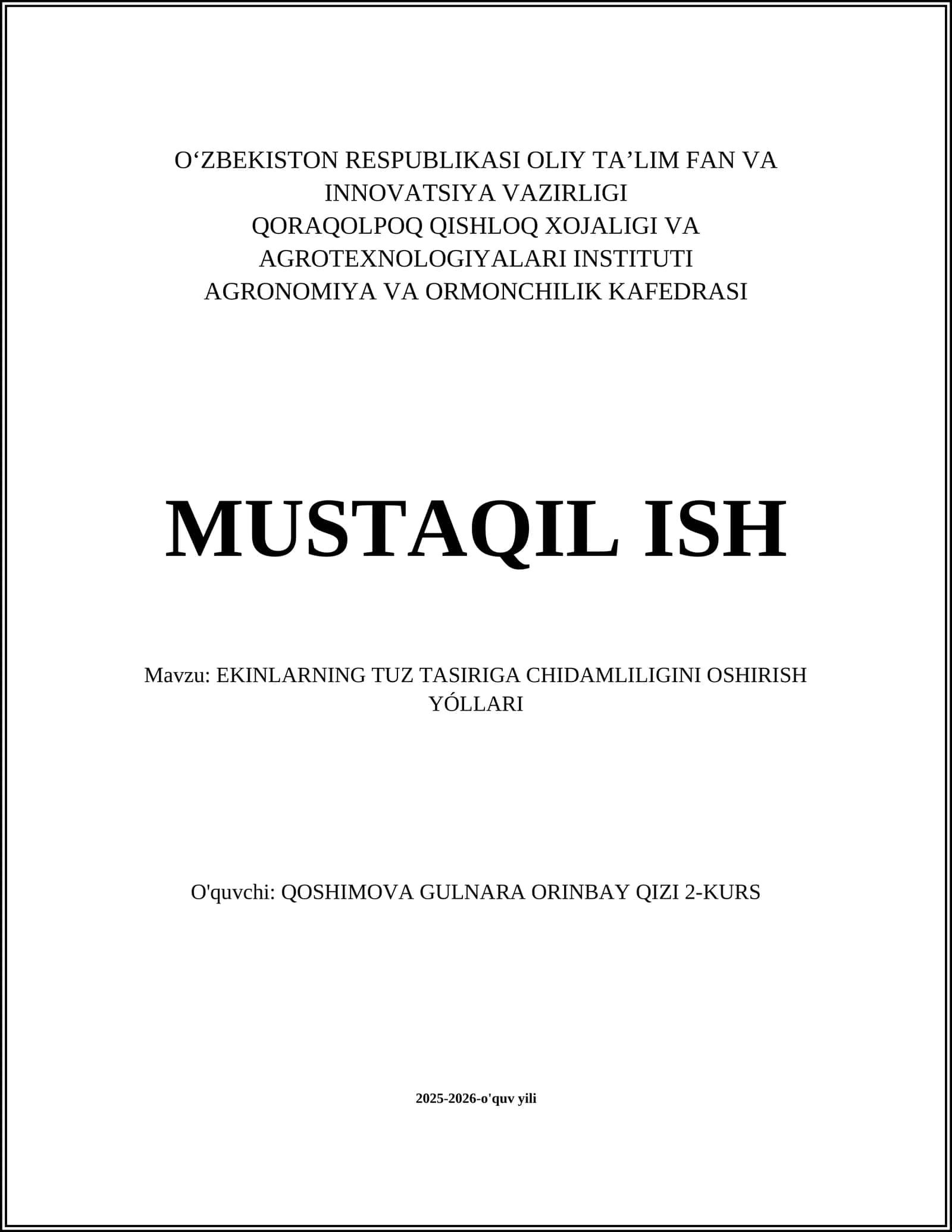 EKINLARNING TUZ TASIRIGA CHIDAMLILIGINI OSHIRISH YÓLLARI