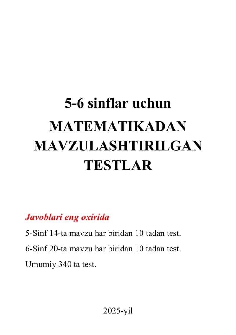 5-6- sinf MATEMATIKADAN MAVZULASHTIRILGAN TESTLAR
