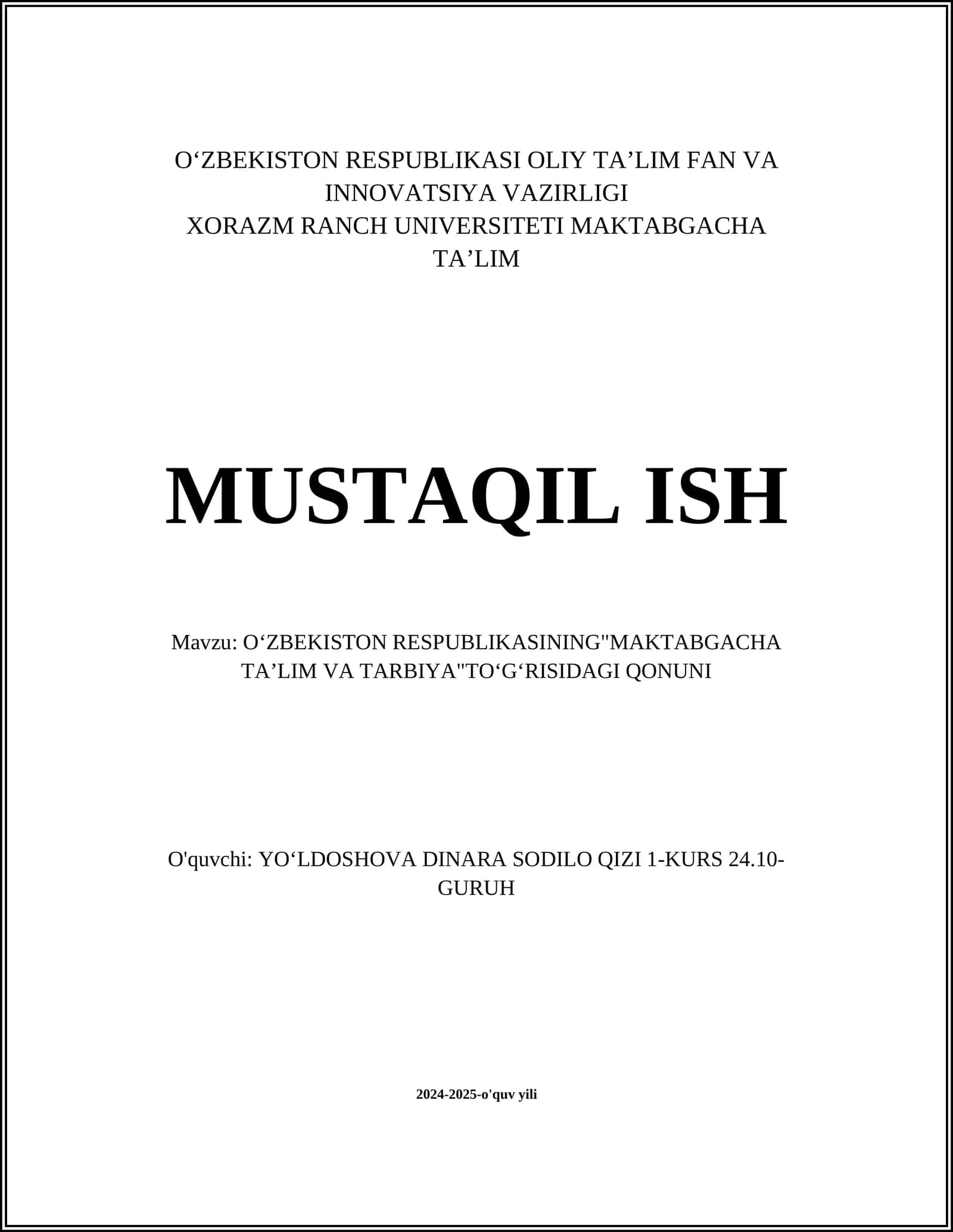 OʻZBEKISTON RESPUBLIKASINING"MAKTABGACHA TAʼLIM VA TARBIYA"TOʻGʻRISIDAGI QONUNI