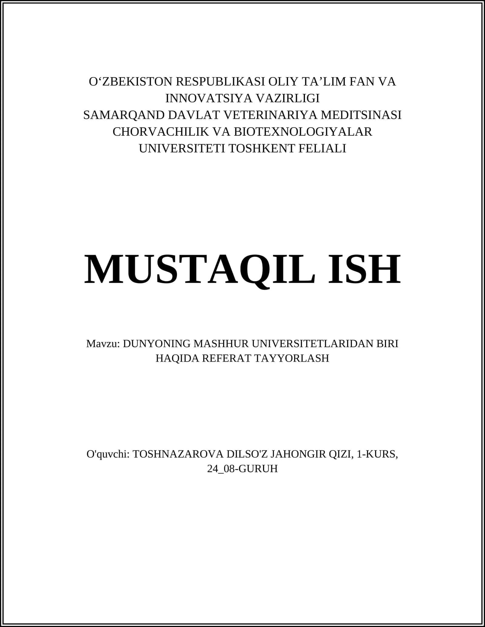 DUNYONING MASHHUR UNIVERSITETLARIDAN BIRI HAQIDA REFERAT TAYYORLASH