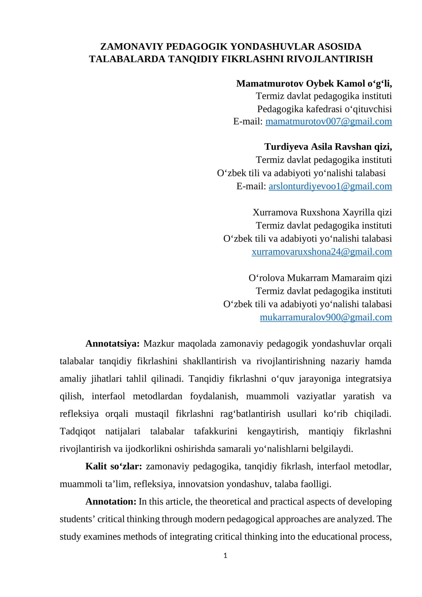 ZAMONAVIY PEDAGOGIK YONDASHUVLAR ASOSIDA TALABALARDA TANQIDIY FIKRLASHNI RIVOJLANTIRISH