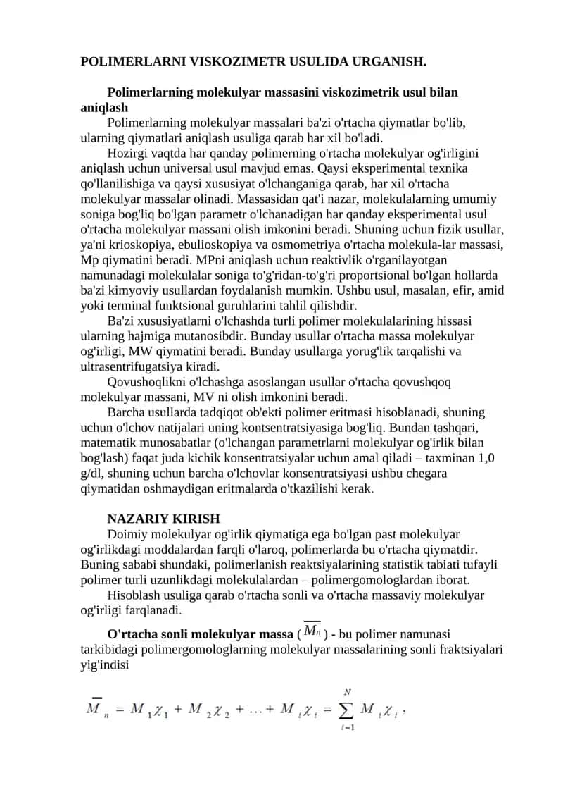 POLIMERLARNI VISKOZIMETR USULIDA URGANISH.