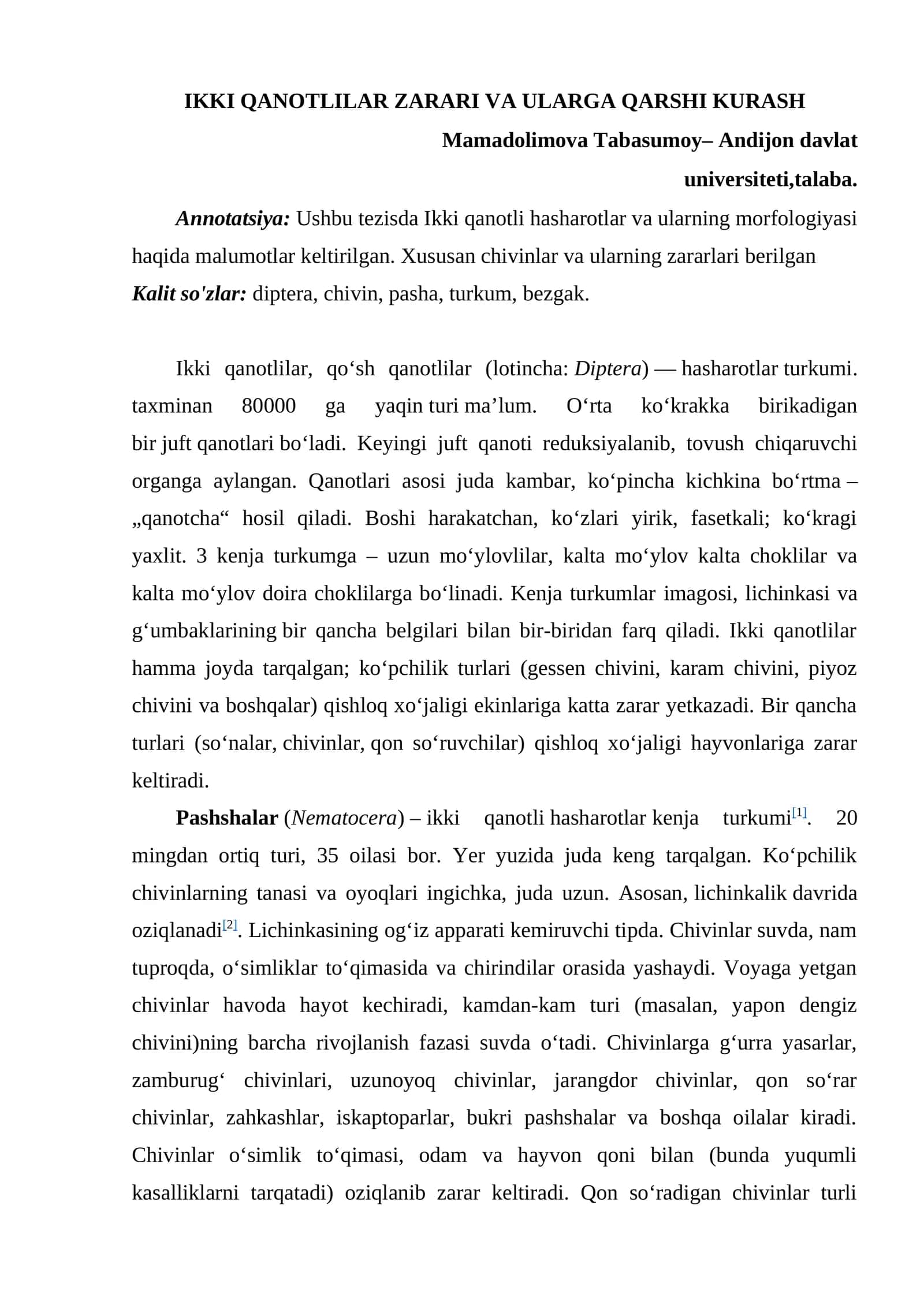 IKKI QANOTLILAR ZARARI VA ULARGA QARSHI KURASH