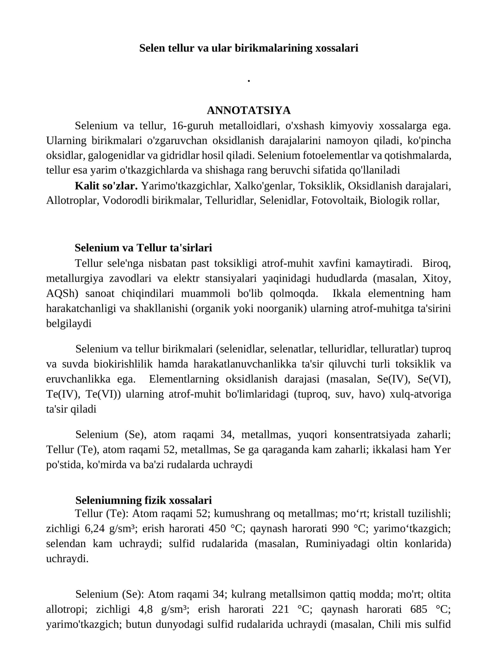 Selen tellur va ular birikmalarining xossalari