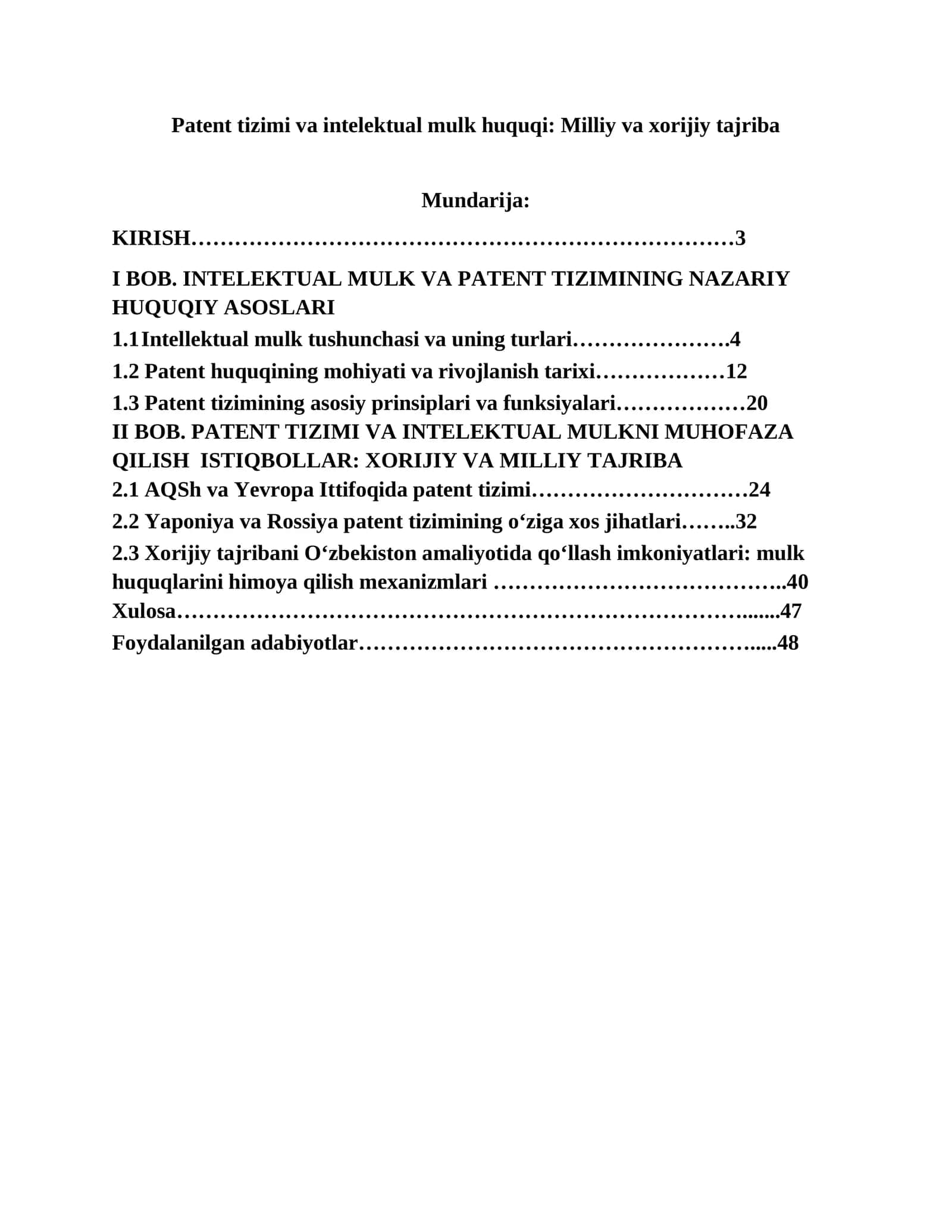 Patent tizimi va intelektual mulk huquqi: Milliy va xorijiy tajriba