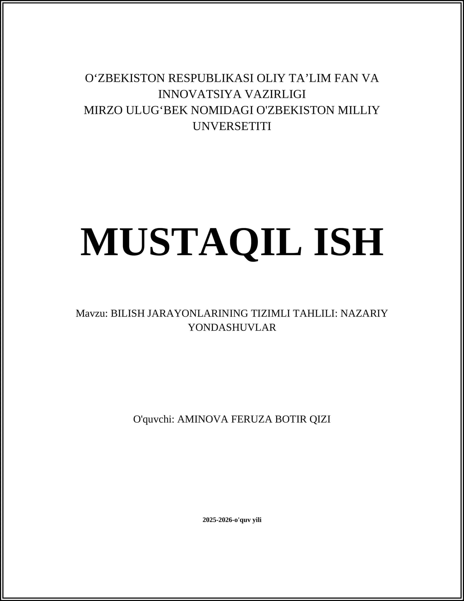 BILISH JARAYONLARINING TIZIMLI TAHLILI: NAZARIY YONDASHUVLAR