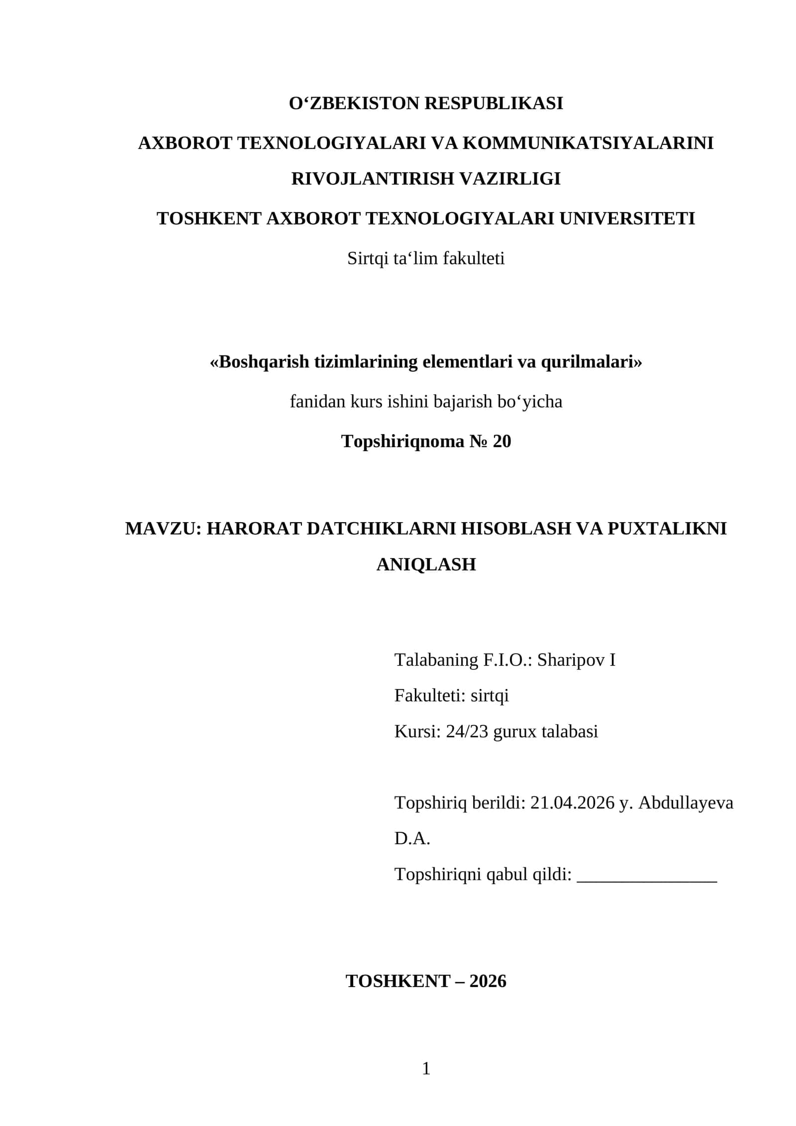 HARORAT DATCHIKLARNI HISOBLASH VA PUXTALIKNI ANIQLASH