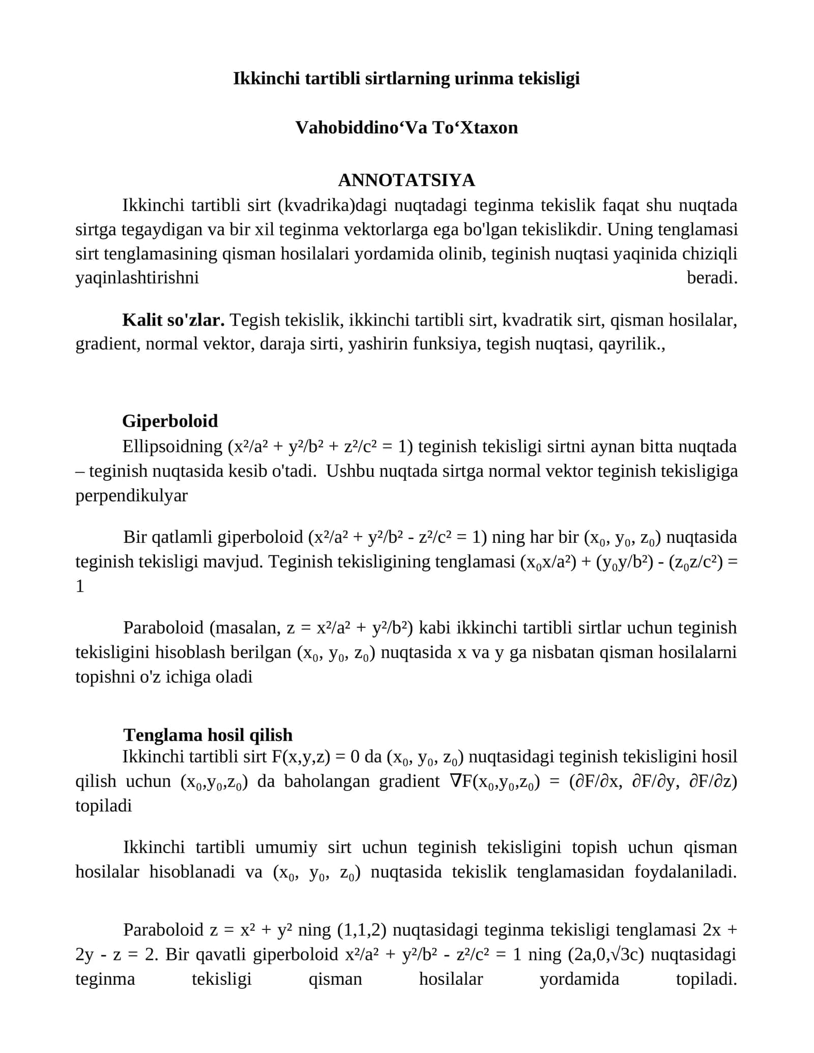 Ikkinchi tartibli sirtlarning urinma tekisligi