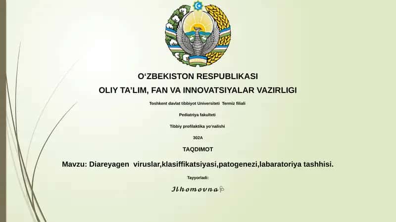 Diareyagen viruslar,klasiffikatsiyasi,patogenezi,labaratoriya tashhisi