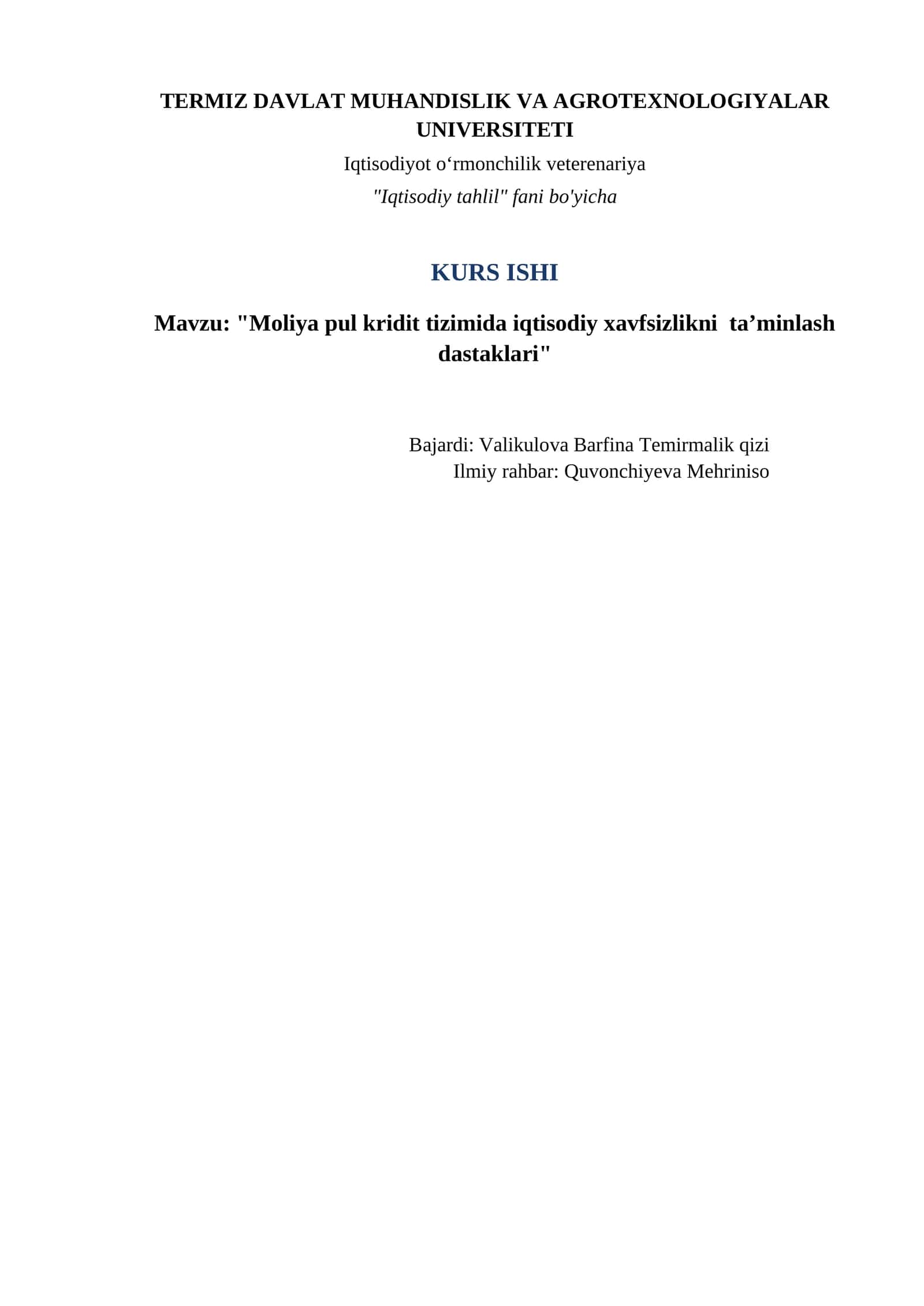 "Moliya pul kridit tizimida iqtisodiy xavfsizlikni ta’minlash dastaklari"