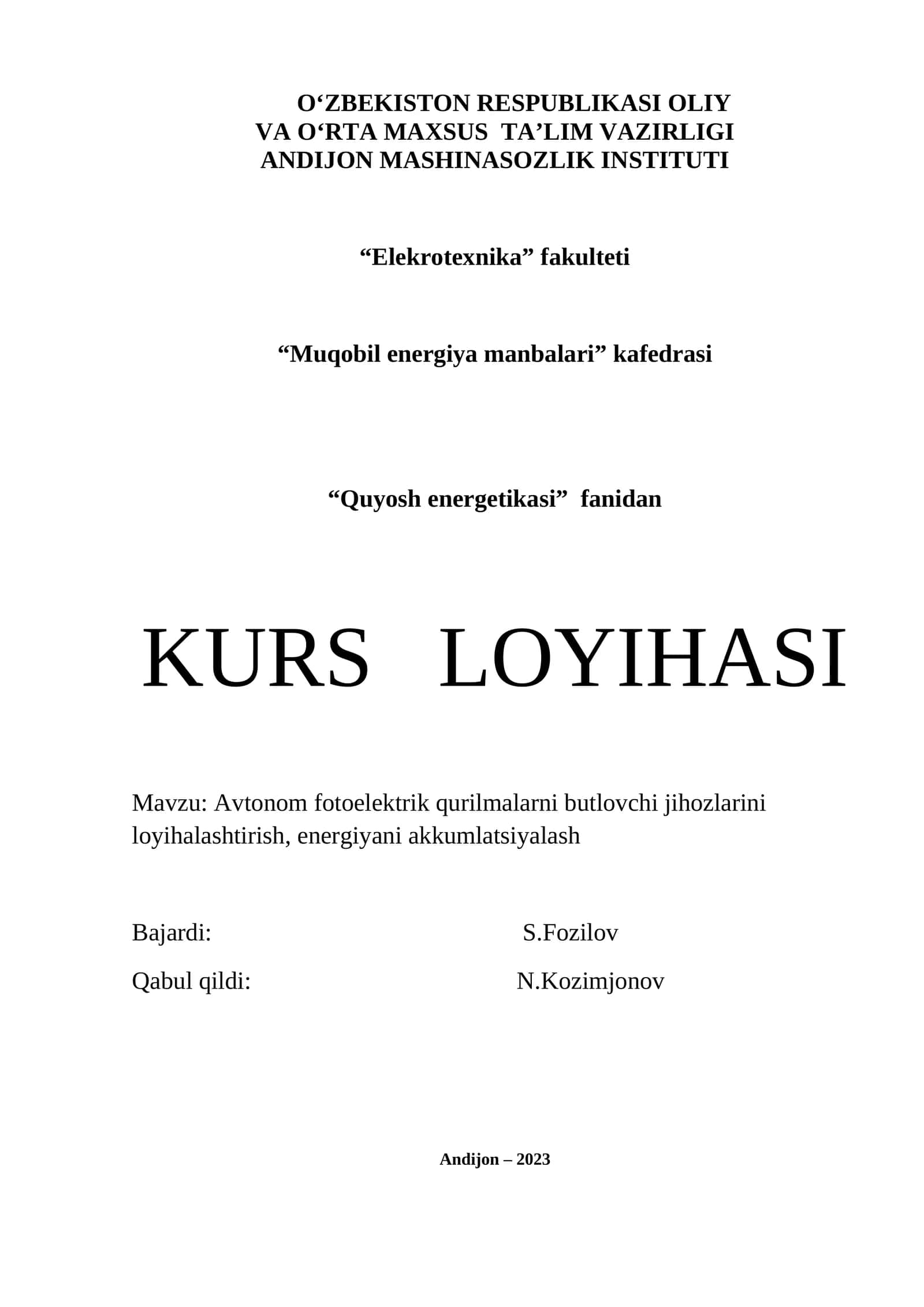 Avtonom fotoelektrik qurilmalarni butlovchi jihozlarini loyihalashtirish