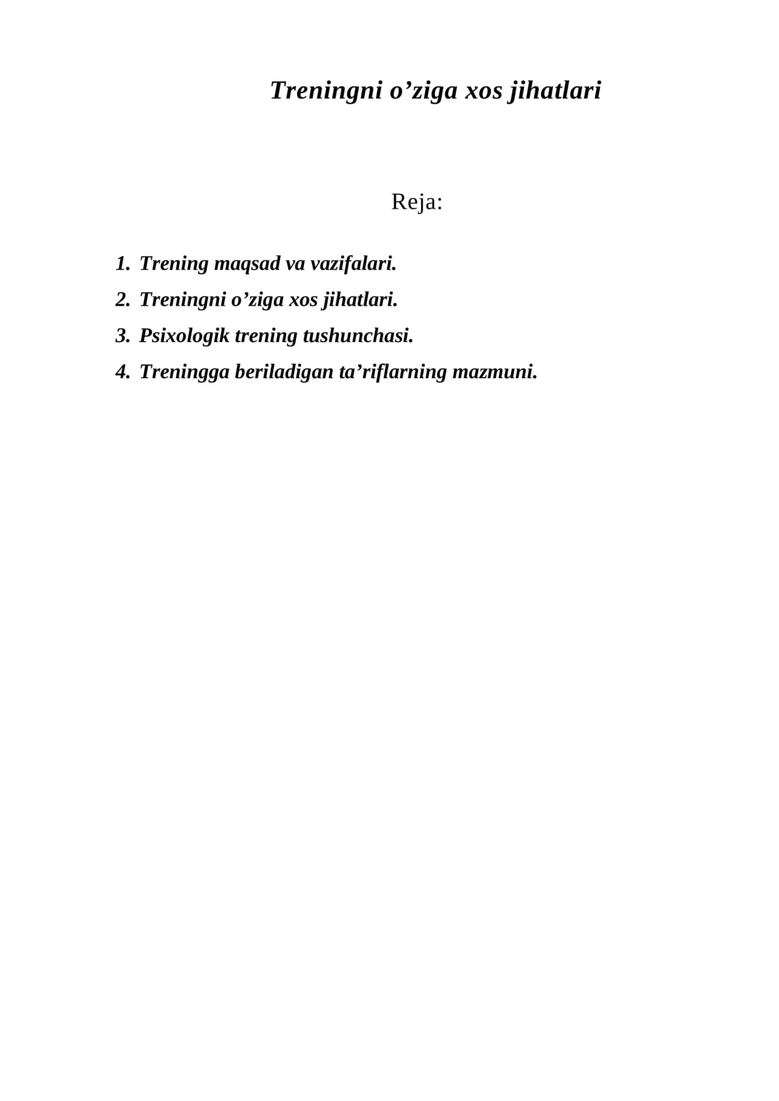 Trening maqsad va vazifalari