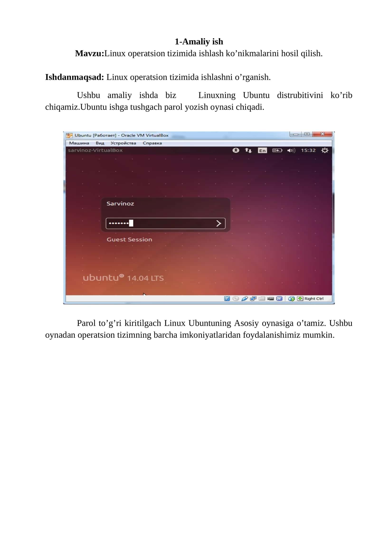 Linux operatsion tizimida ishlash ko’nikmalarini hosil qilish
