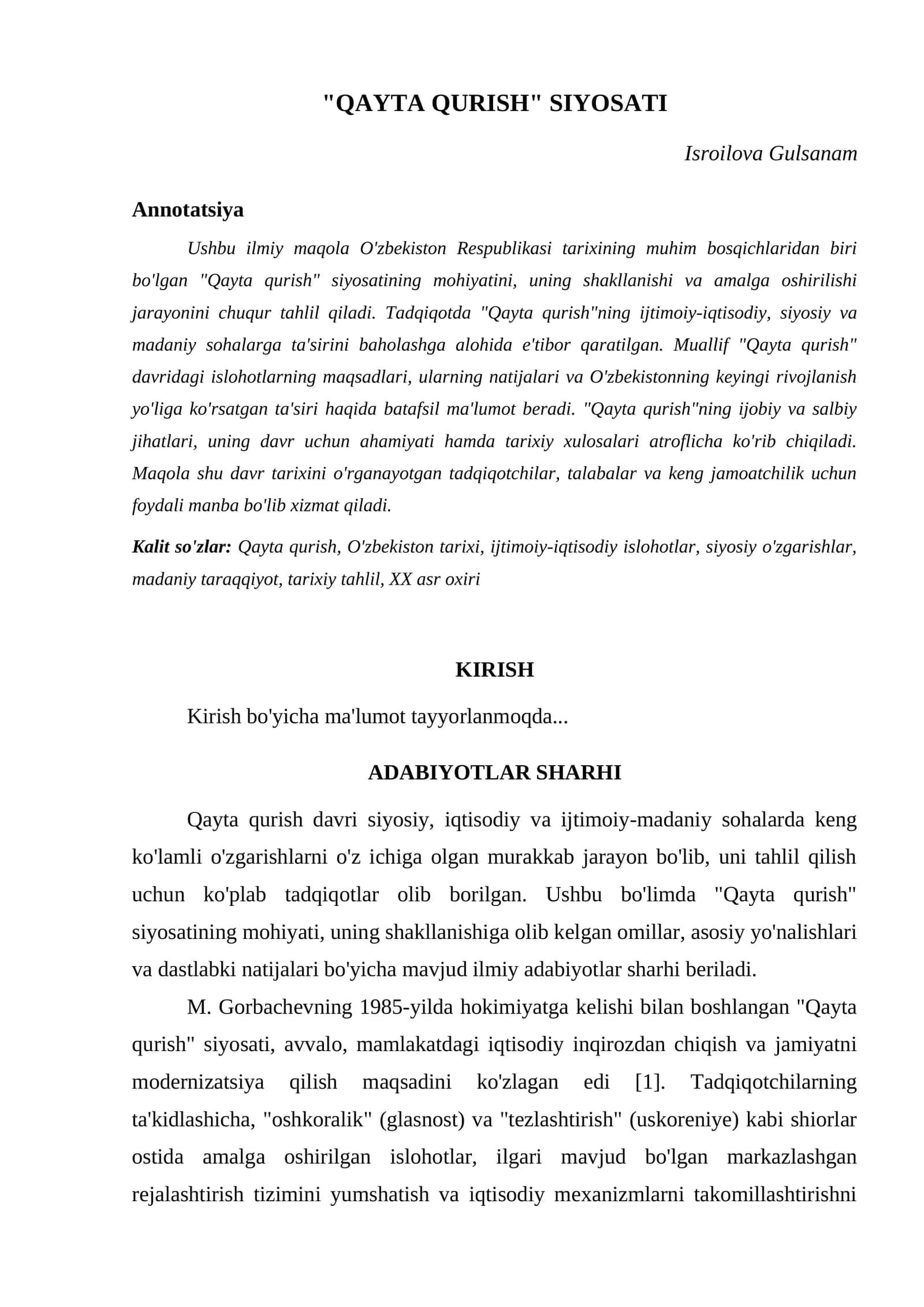 "QAYTA QURISH" SIYOSATI