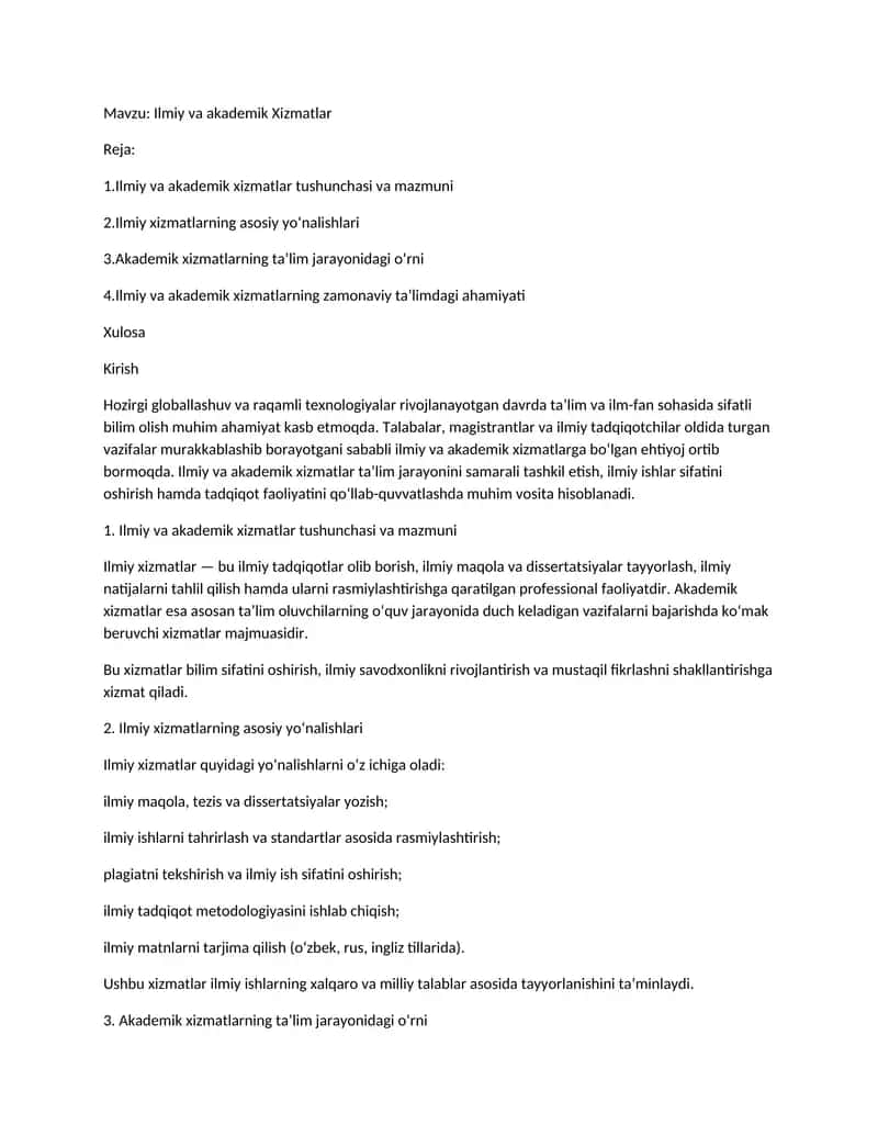 Ilmiy va akademik Xizmatlar