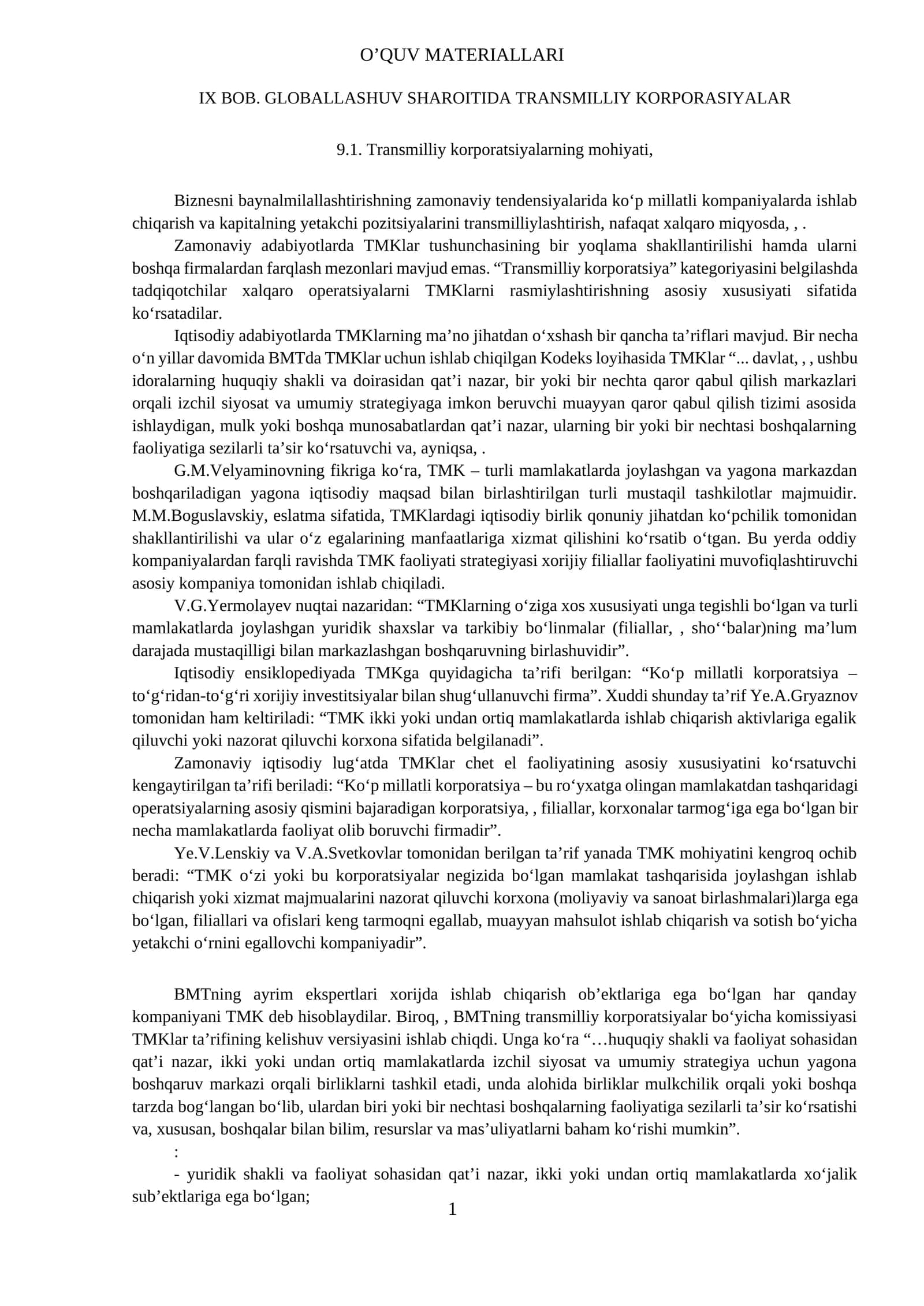 Transmilliy korporatsiyalar haqida o'quv material
