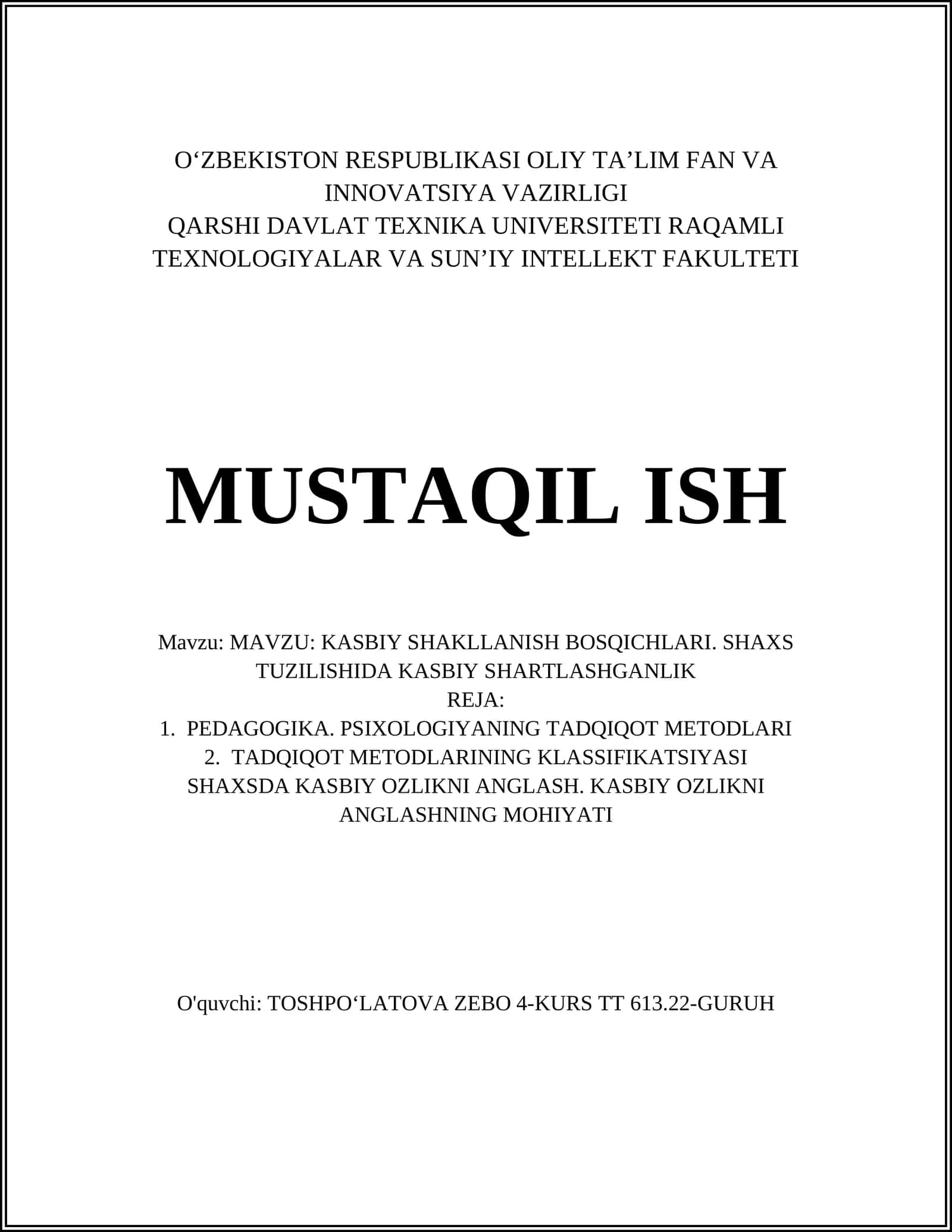 KASBIY SHAKLLANISH BOSQICHLARI. SHAXS TUZILISHIDA KASBIY SHARTLASHGANLIK
