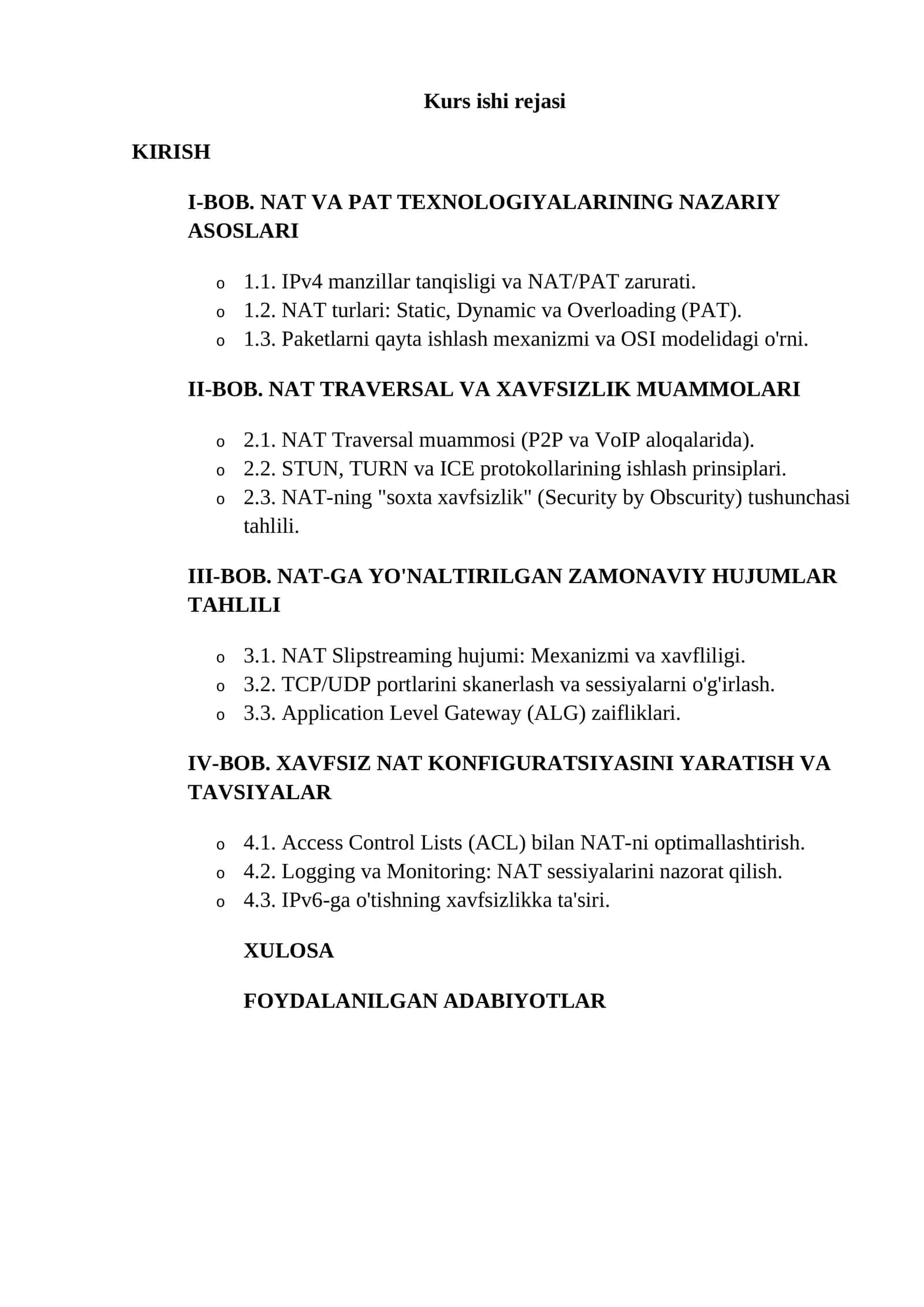 Kurs ishi rejasi