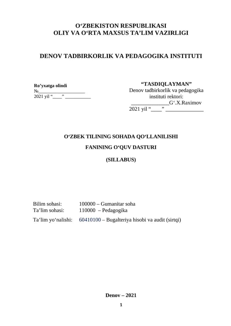 O‘ZBEK TILINING SOHADA QO‘LLANILISHI FANINING O‘QUV DASTURI (SILLABUS)