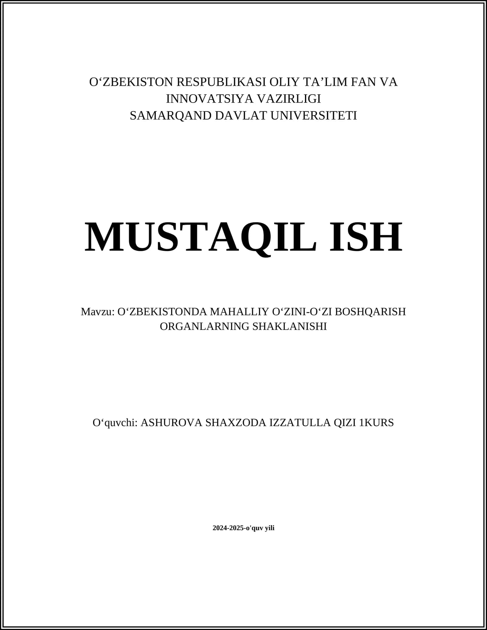 OʻZBEKISTONDA MAHALLIY OʻZINI-OʻZI BOSHQARISH ORGANLARNING SHAKLANISHI