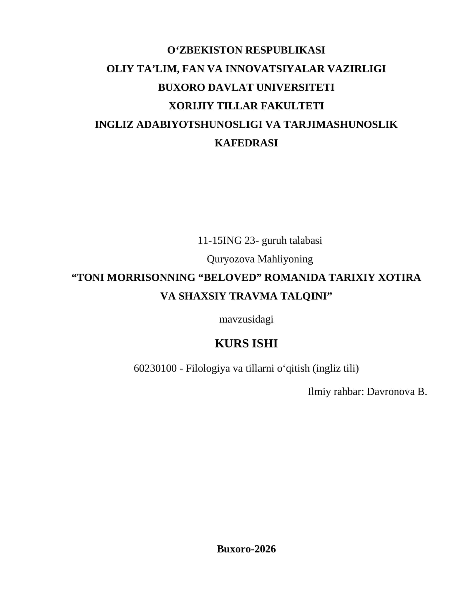 TONI MORRISONNING “BELOVED” ROMANIDA TARIXIY XOTIRA VA SHAXSIY TRAVMA TALQINI