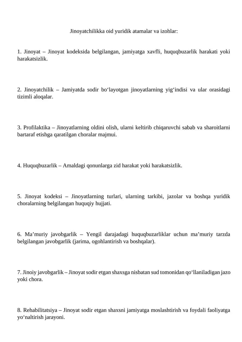 Jinoyatchilikka oid yuridik atamalar va izohlar