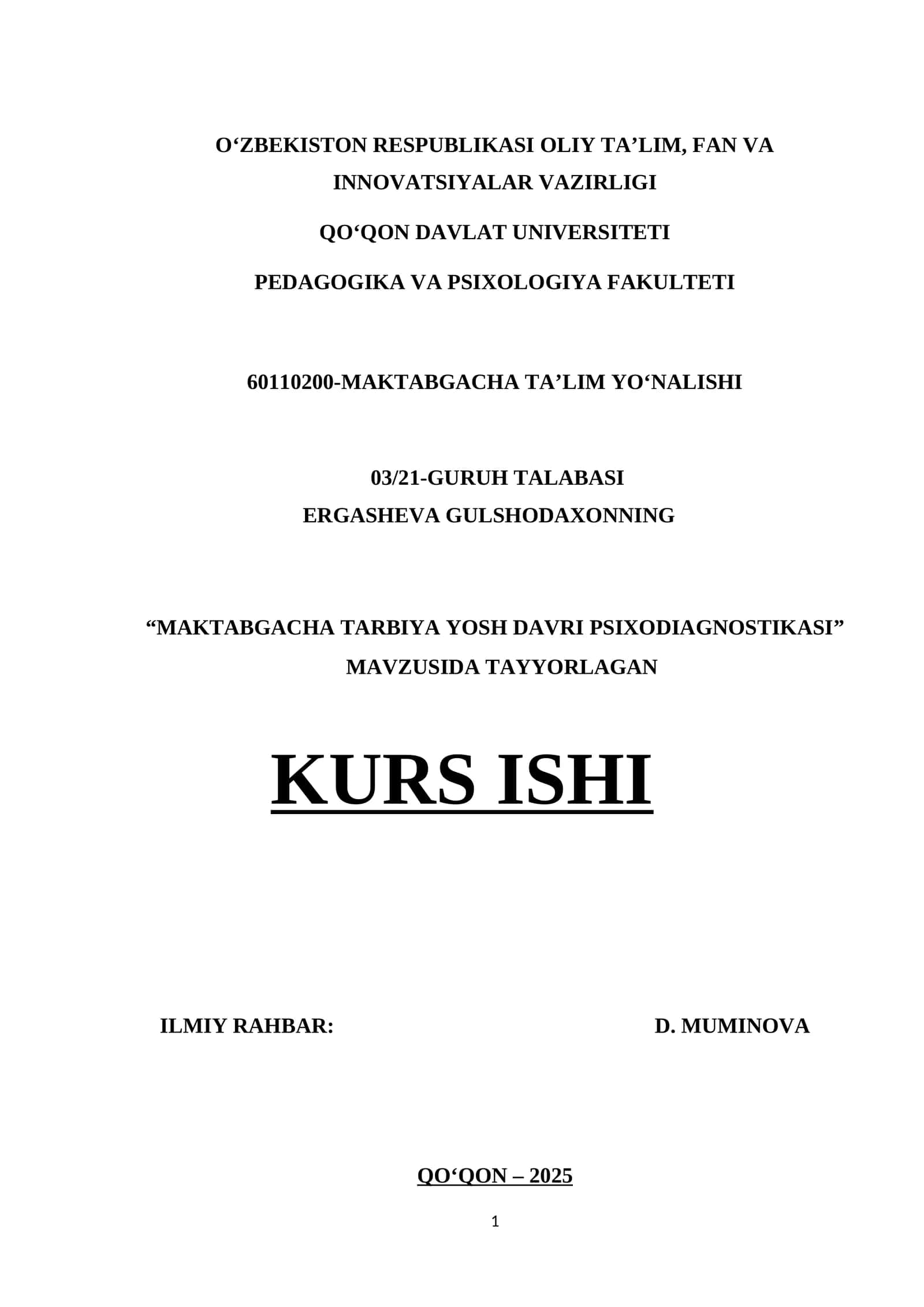 MAKTABGACHA TARBIYA YOSH DAVRI PSIXODIAGNOSTIKASI