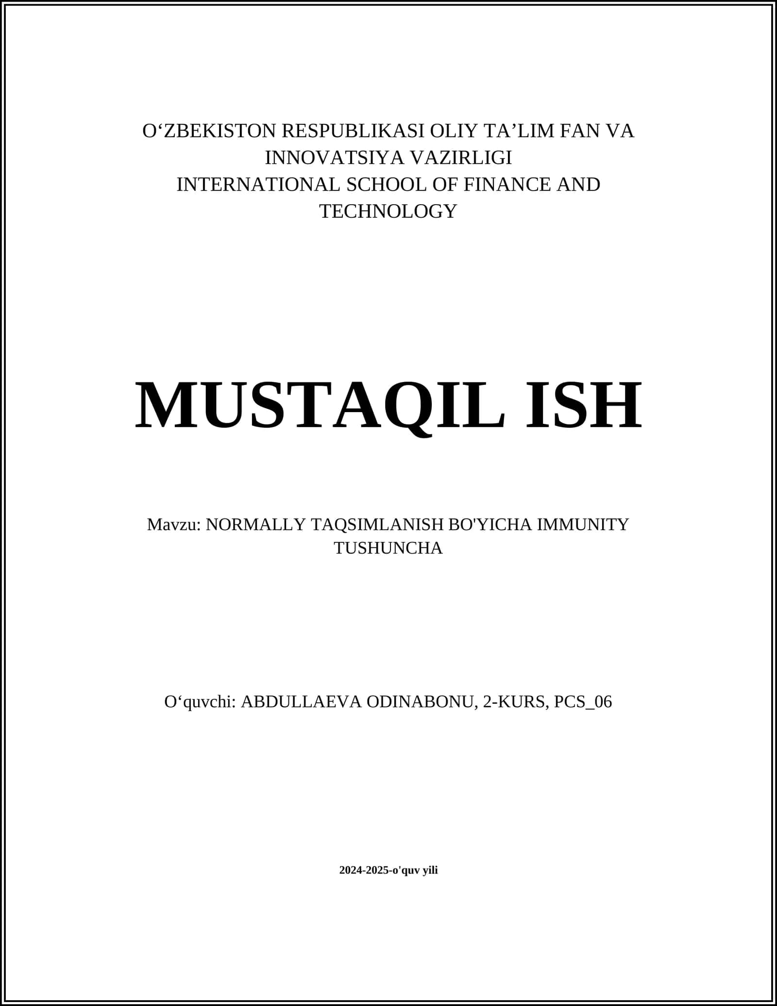 NORMALLY TAQSIMLANISH BO'YICHA IMMUNITY TUSHUNCHA