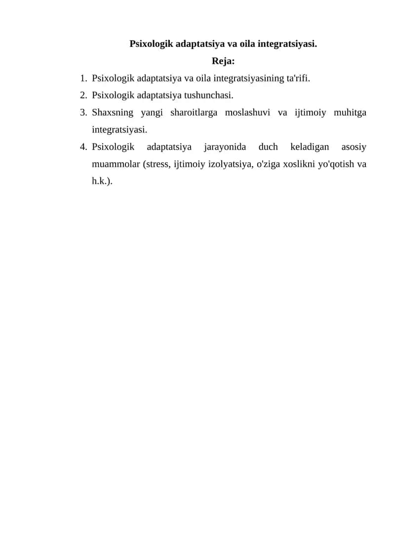 Psixologik adaptatsiya va oila integratsiyasi