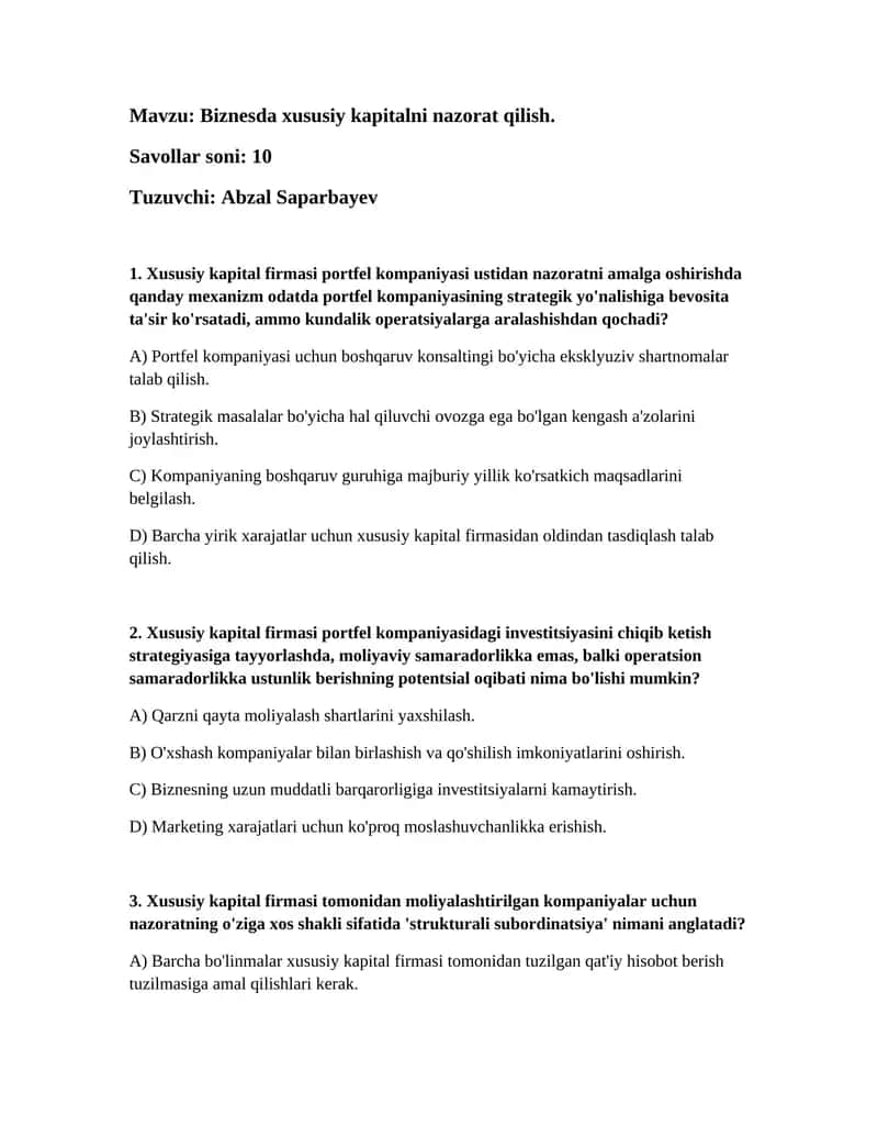 Biznesda xususiy kapitalni nazorat qilish