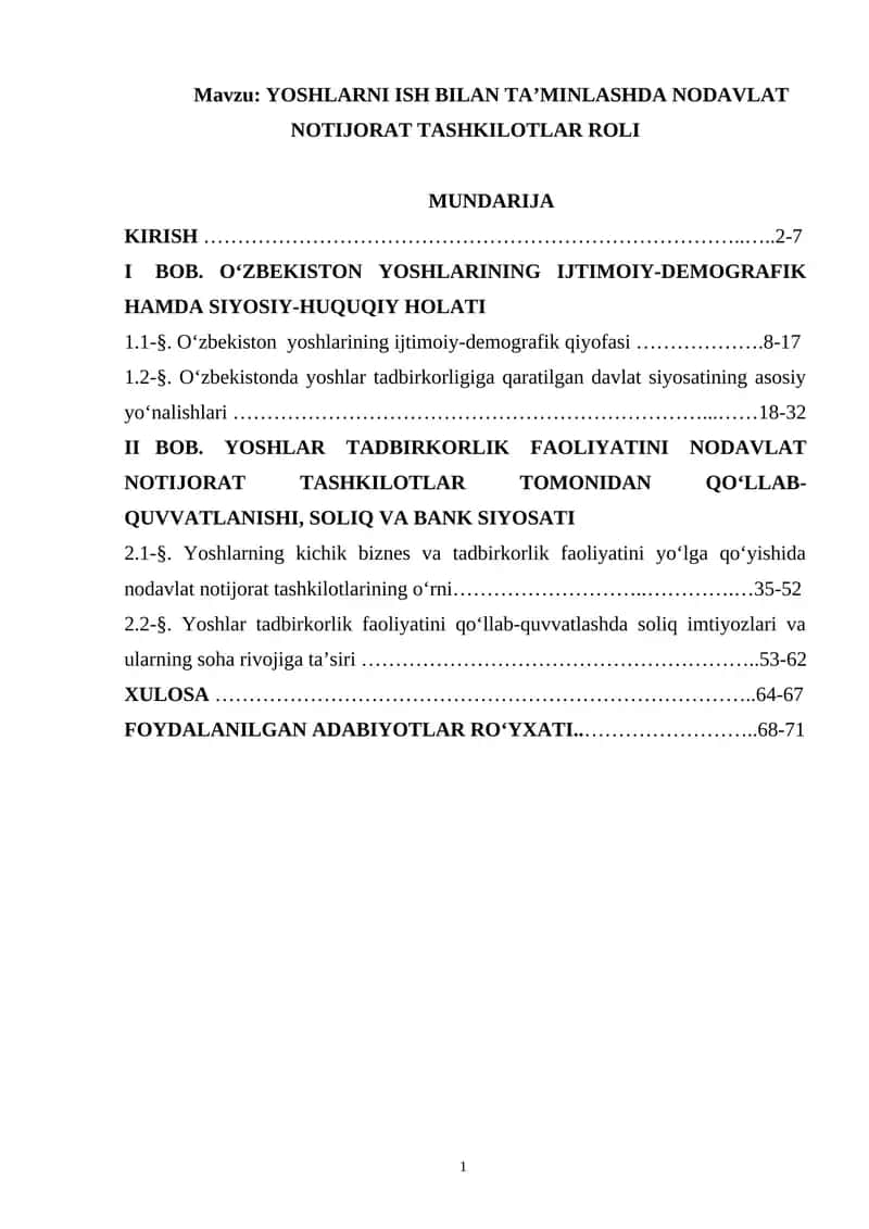 YOSHLARNI ISH BILAN TAʼMINLASHDA NODAVLAT NOTIJORAT TASHKILOTLAR ROLI
