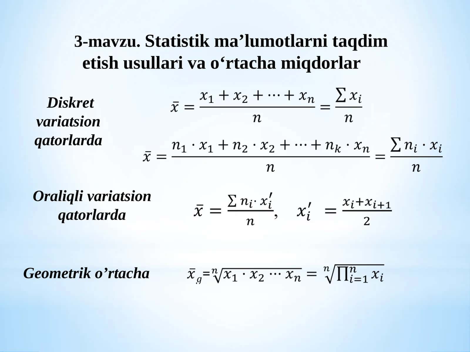 Statistik ma’lumotlarni taqdim etish usullari va o‘rtacha miqdorlar