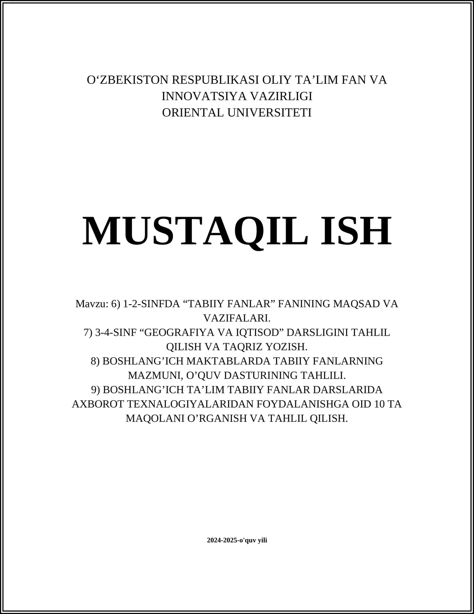 BOSHLANG’ICH MAKTABLARDA TABIIY FANLARNING MAZMUNI, O’QUV DASTURINING TAHLILI
