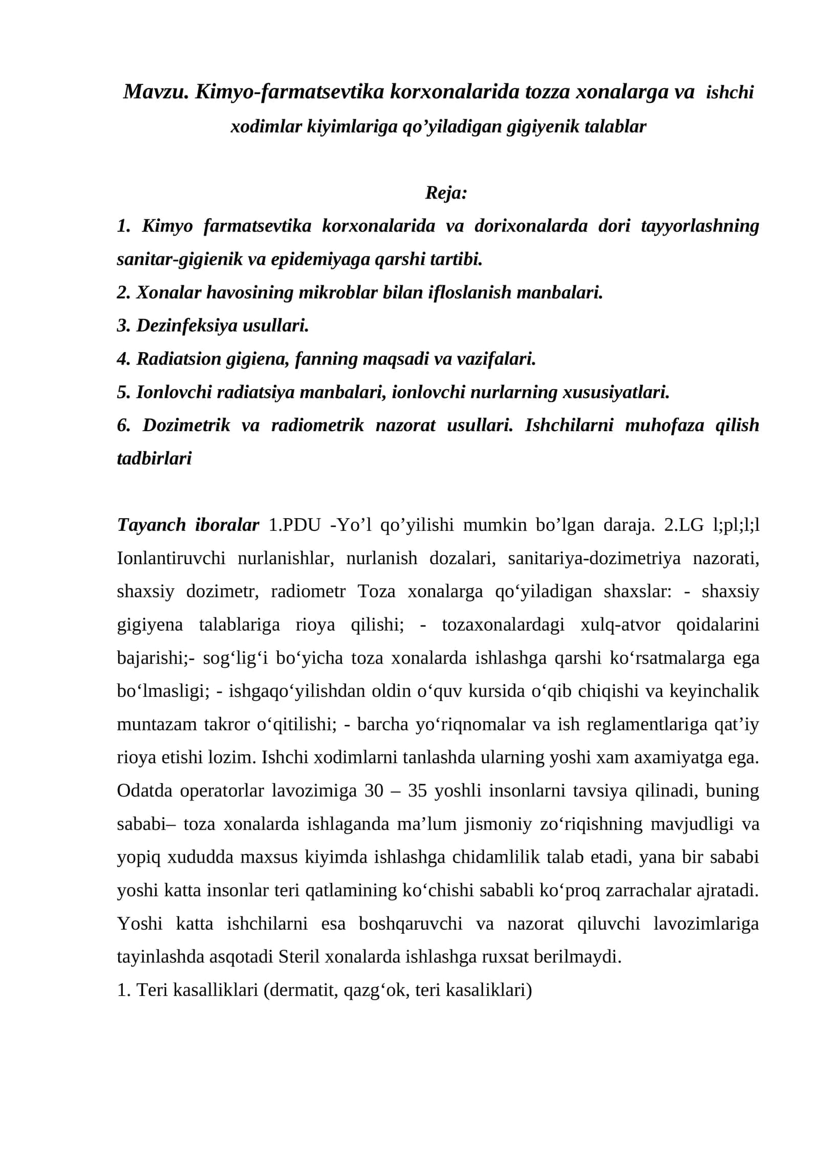 Kimyo-farmatsevtika korxonalarida tozza xonalarga va ishchi xodimlar kiyimlariga qo’yiladigan gigiyenik talablar