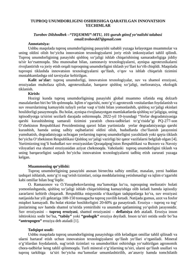 TUPROQ UNUMDORLIGINI OSHIRISHGA QARATILGAN INNOVATSION YECHIMLAR