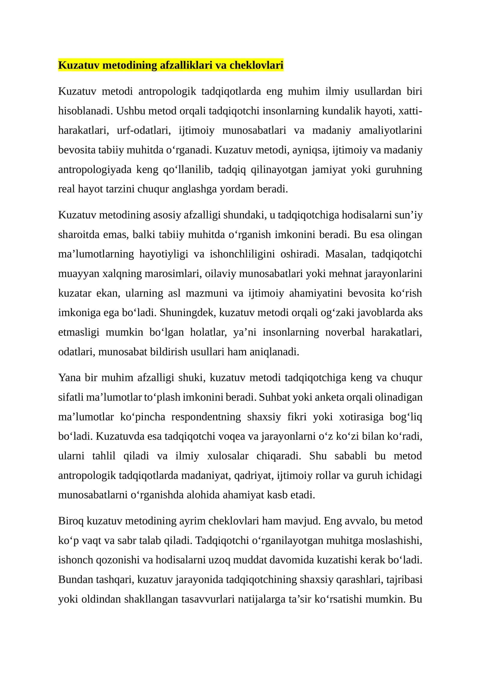 Kuzatuv metodining afzalliklari va cheklovlari