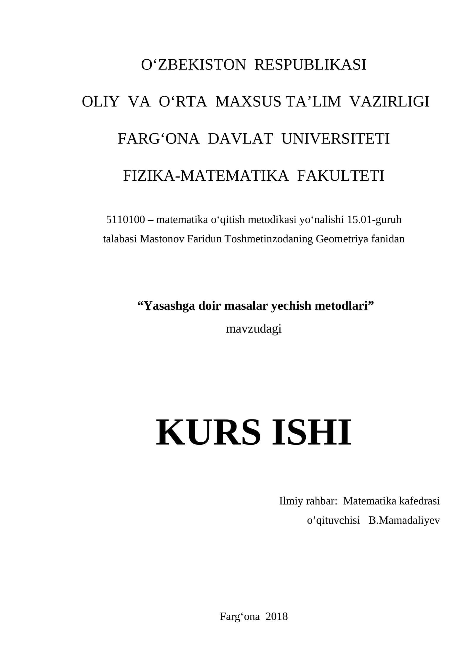 Yasashga doir masalar yechish metodlari