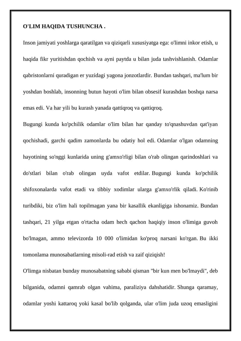 O'LIM HAQIDA TUSHUNCHA