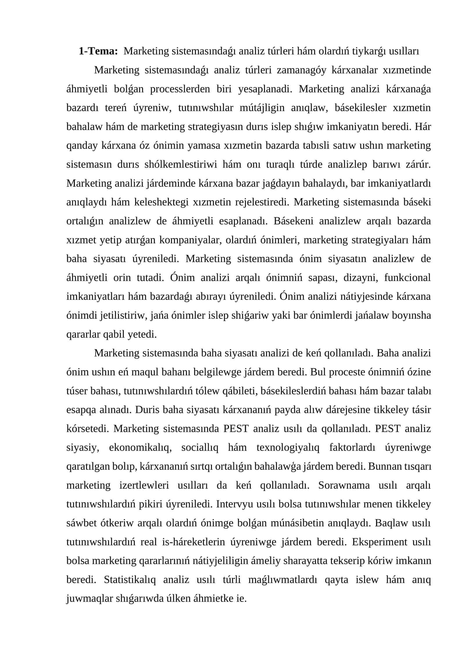 Marketing sistemasındaǵı analiz túrleri hám olardıń tiykarǵı usılları