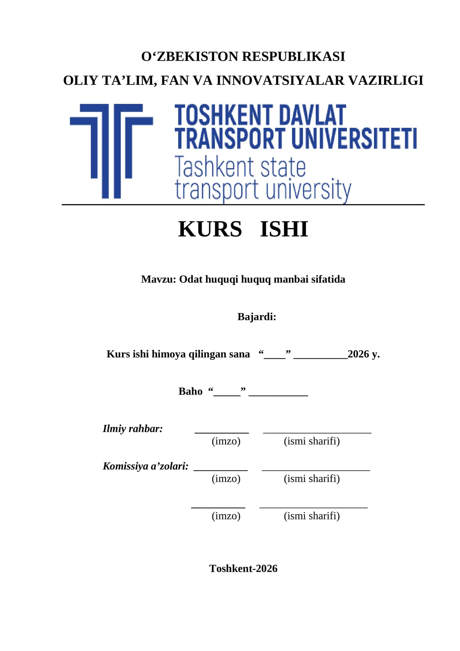 Odat huquqi huquq manbai sifatida kurs ishi