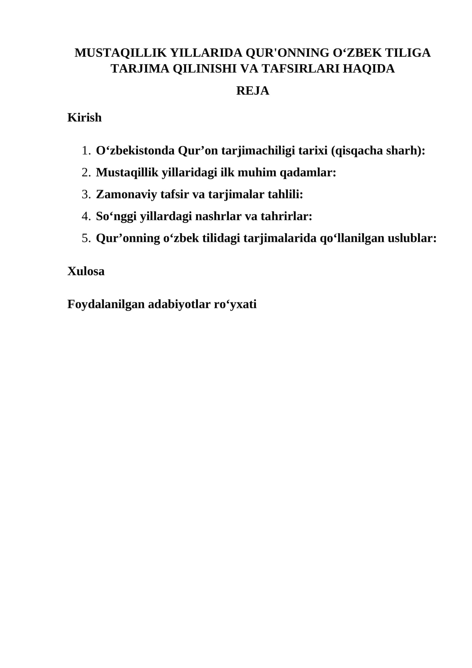 MUSTAQILLIK YILLARIDA QUR'ONNING OʻZBEK TILIGA TARJIMA QILINISHI VA TAFSIRLARI HAQIDA