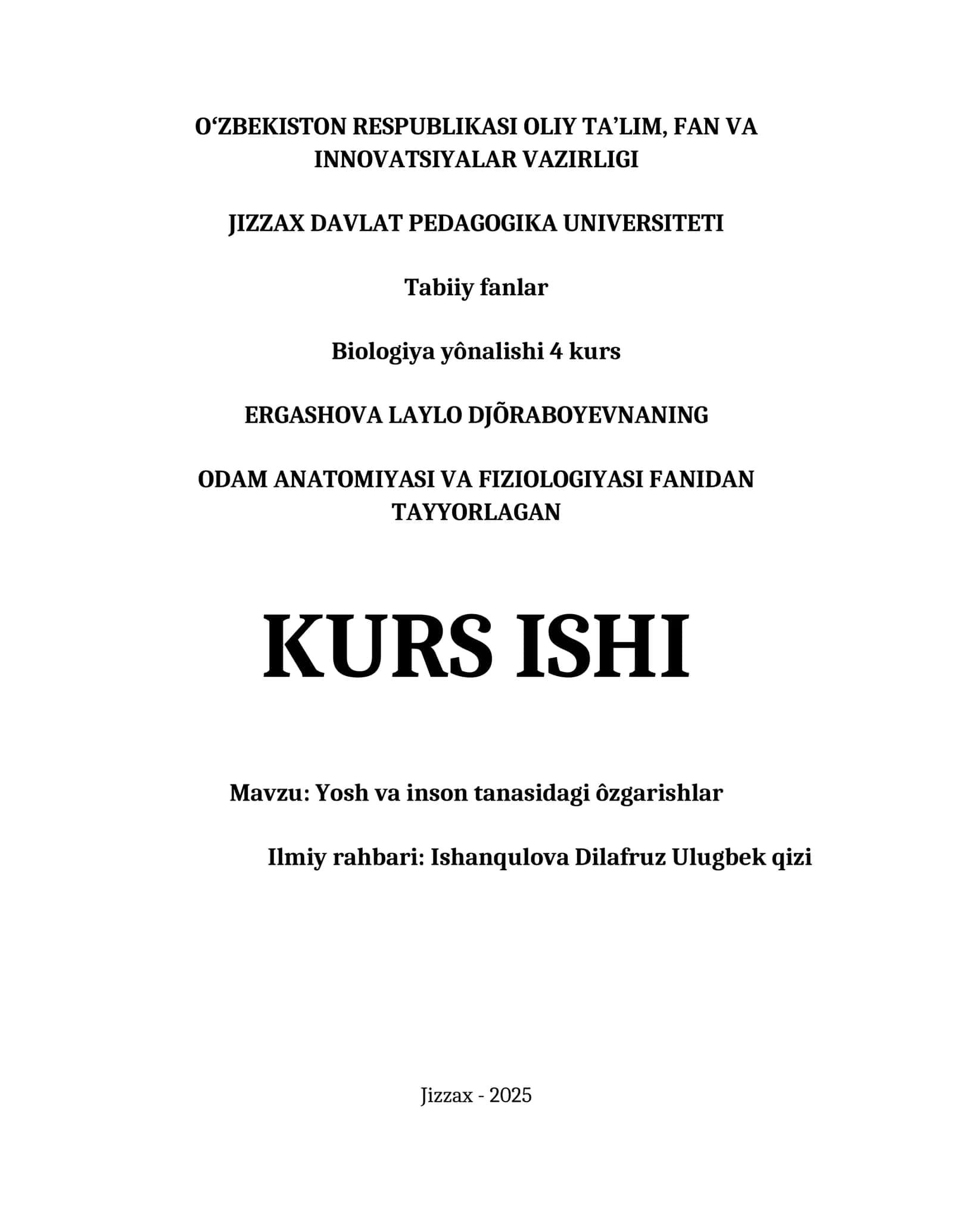 ODAM ANATOMIYASI VA FIZIOLOGIYASI FANIDAN TAYYORLAGAN KURS ISHI