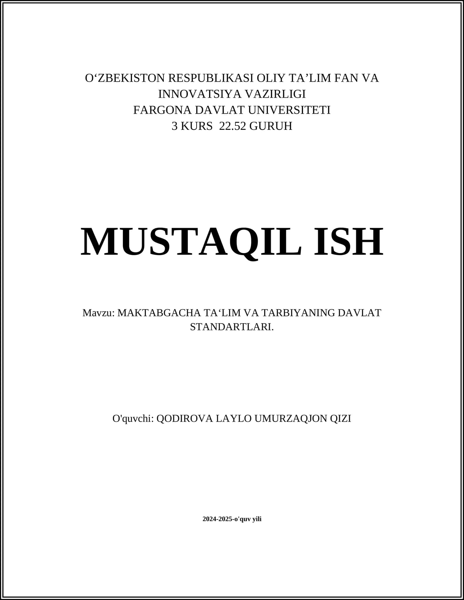 MAKTABGACHA TA'LIM VA TARBIYANING DAVLAT STANDARTLARI