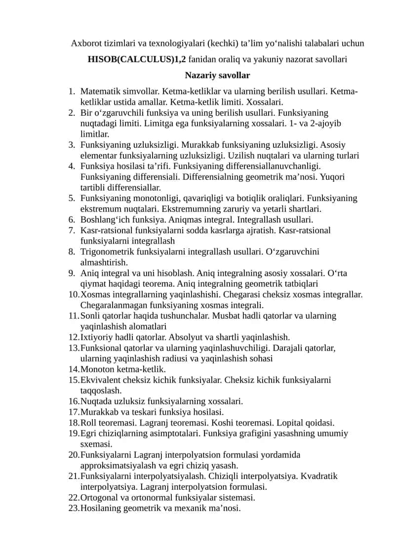 HISOB(CALCULUS)1,2 fanidan oraliq va yakuniy nazorat savollari
