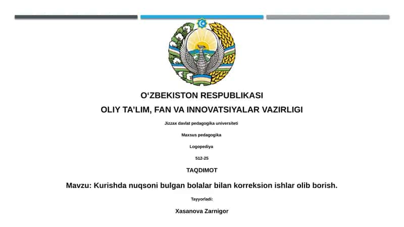 Kurishda nuqsoni bulgan bolalar bilan korreksion ishlar olib borish