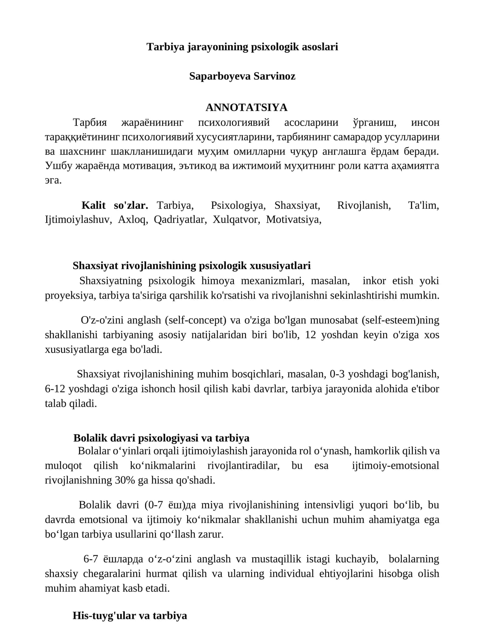 Tarbiya jarayonining psixologik asoslari