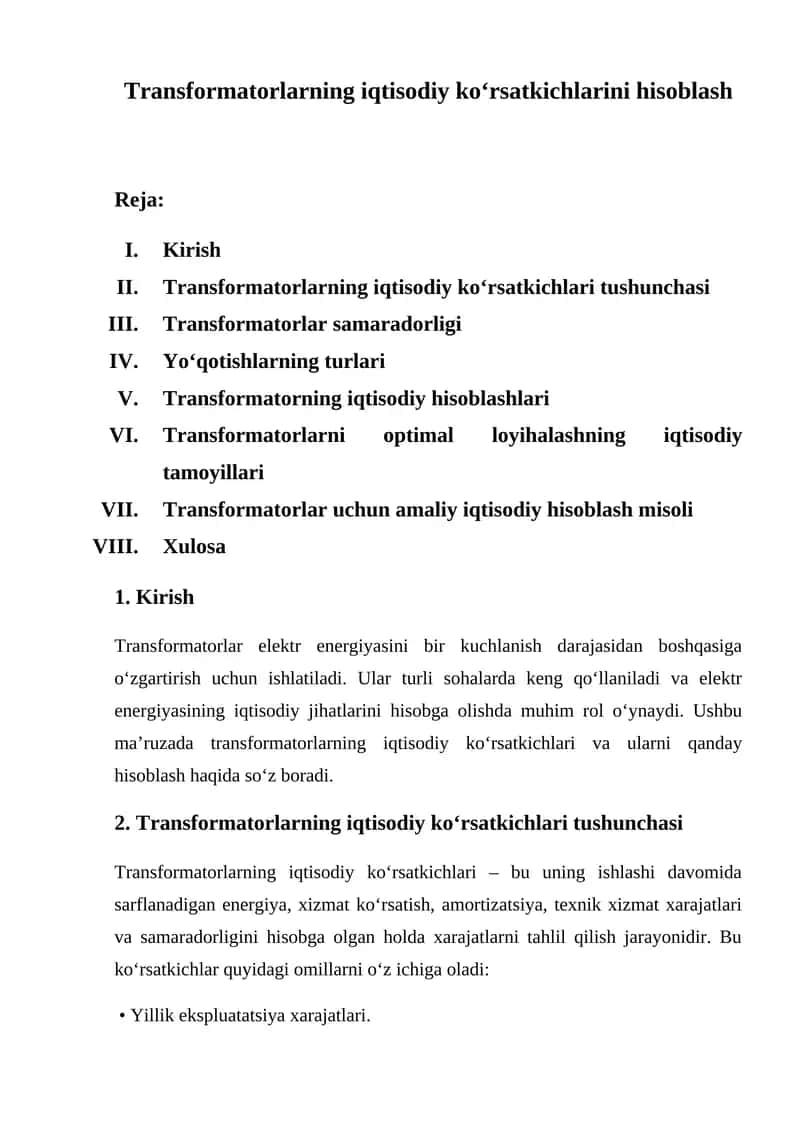 Transformatorlarning iqtisodiy ko‘rsatkichlarini hisoblash