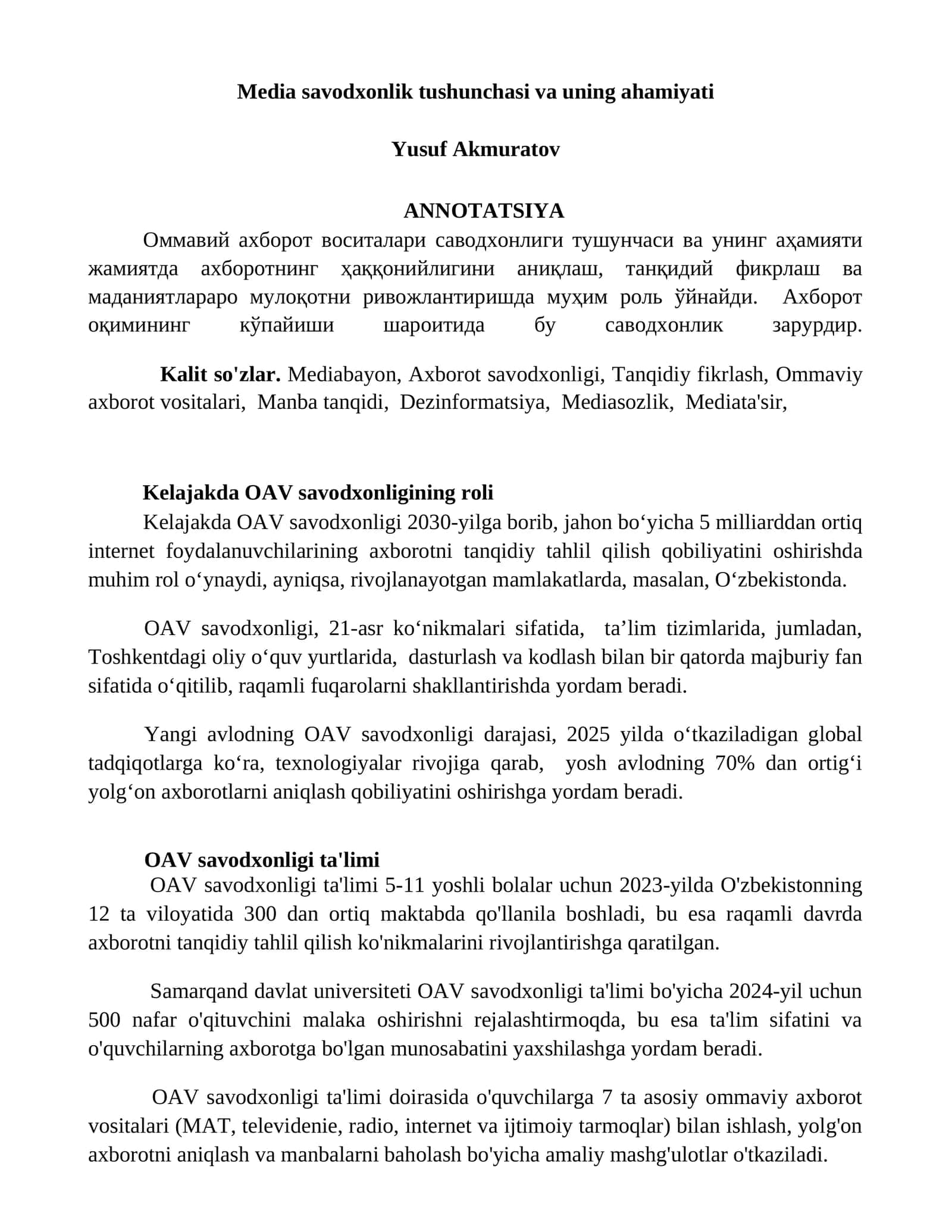 Media savodxonlik tushunchasi va uning ahamiyati