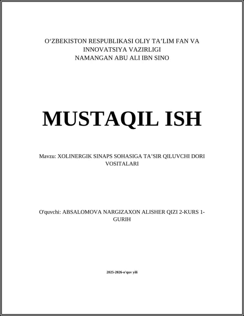 Asetilkolinesteraza inhibitorlari: turlar, mexanizmlar va klinik qoʻllanilishi